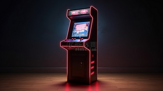 经典立式柜中的老式复古街机游戏机 3D 渲染