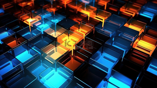 科技橙色背景图片_黑蓝色和橙色背景中发光方块的 3D 渲染