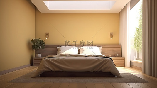 棕色和黄色木纹家具的房间，奶油色墙壁 3d 渲染卧室
