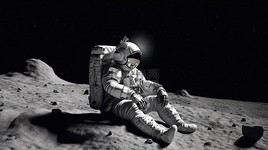 月球背景图片_一名宇航员坐在月球上，手放在头盔上的 3D 插图