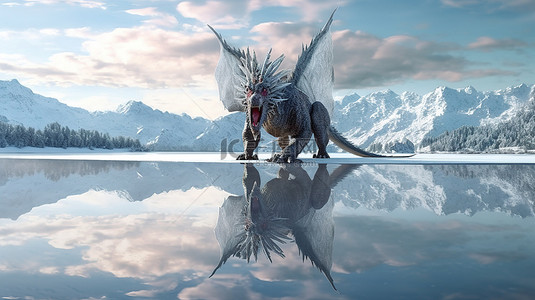 雄伟的龙俯瞰冰雪覆盖的山峰反射在冰冻的湖面上 3d 渲染