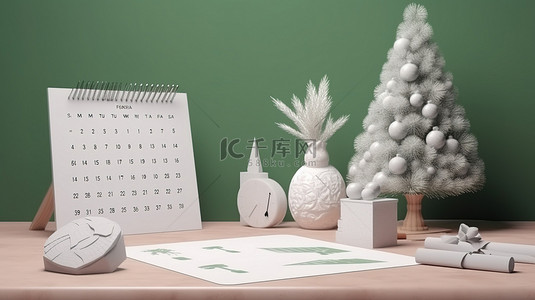 目标背景图片_明年的目标 3D 渲染空白日历纸与圣诞装饰品