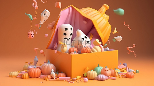 海报糖背景图片_怪异的万圣节场景 3D 渲染打开礼品盒，里面有幽灵糖果和卡通风格的南瓜