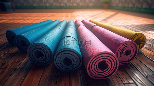 瑜伽健身瑜伽背景图片_生动渲染的瑜伽垫营造出色彩缤纷的地板展示