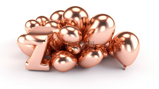 3D 插图中的金属玫瑰金气球在白色背景上从 a 到 z 拼出字母表