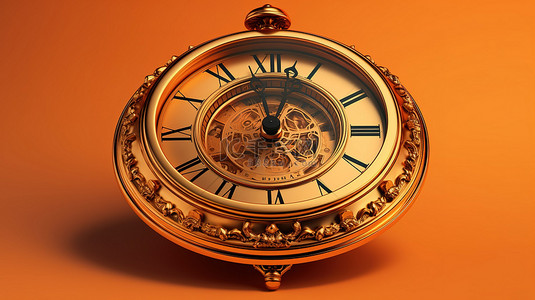 复古秒表图标，橙色背景上带有古董金色圆形时钟
