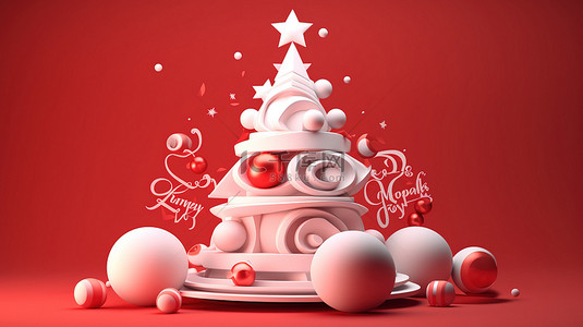 欢乐的节日文字与红色背景上的白色圣诞树令人惊叹的 3D 设计，适合冬季庆祝活动