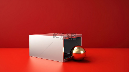 金色和银色球体位于红色背景上打开的红色盒子顶部，以 3D 渲染