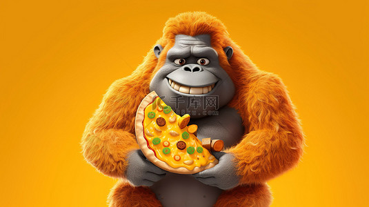 搞笑的 3D 大猩猩手里拿着披萨