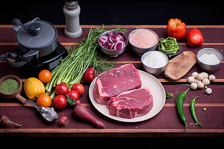 切菜板背景图片_用于烹饪的新鲜食材蔬菜和肉类
