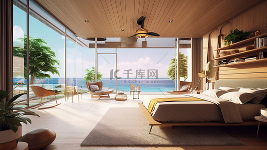 高端室内现代陈列室或海滨酒店的 3D 渲染，享有令人惊叹的海景