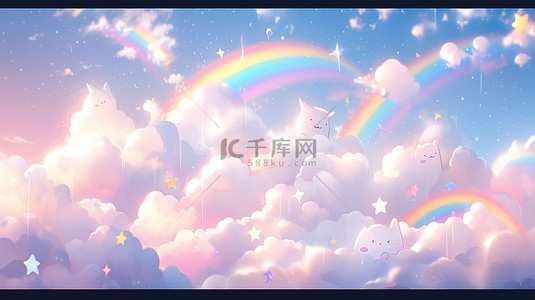 梦幻3背景图片_柔和柔和的渐变天空与 3d 渲染梦幻般的彩虹云和星星