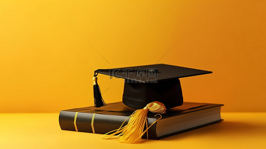 黄色背景上的学位帽和文凭的 3D 插图，具有充足的复制空间