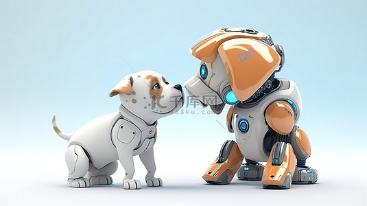 可爱的机器人与狗伴侣在白色背景下的 3D 渲染