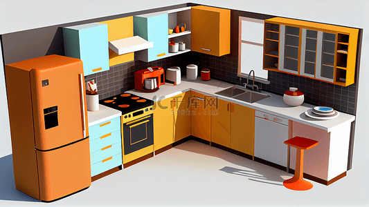 卡通火锅插画背景图片_橙色厨房冰箱电磁炉橱柜背景