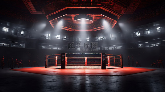 竞技背景图片_在聚光灯下，MMA 八角形 3D 渲染中格斗锦标赛的单独视图