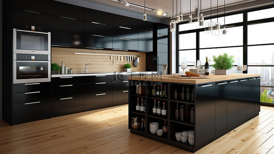 现代厨房配有时尚的黑色家具和 3D 渲染的温暖木地板