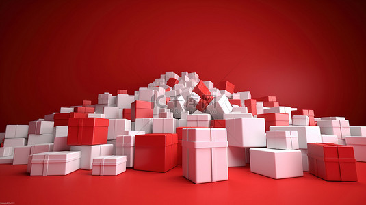 圣诞背景图片_深红色背景下的 3D 白色和红色节日盒