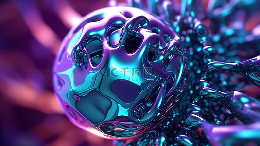 抽象变形蓝色和紫色球体的特写 3D 渲染