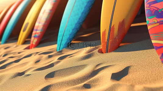 海滩冲浪板背景图片_充满活力的冲浪板在沙滩上晒太阳，令人惊叹的 3D 特写镜头