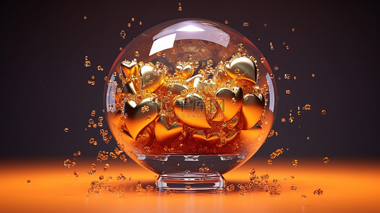 3D 渲染情人节背景，以玻璃心和金色排版为特色，庆祝爱情