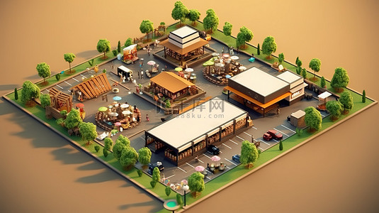 现代公园背景图片_公园美食广场等距视图的 3D 渲染