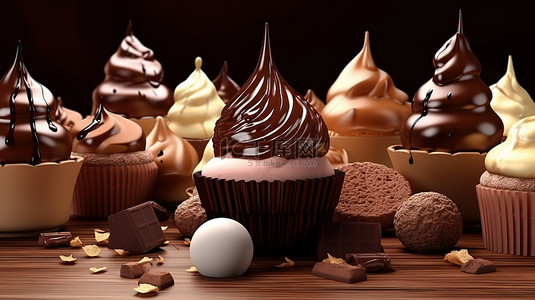 卡马卡龙背景图片_巧克力冰淇淋的 3D 渲染，周围环绕着纸杯蛋糕马卡龙和糖果