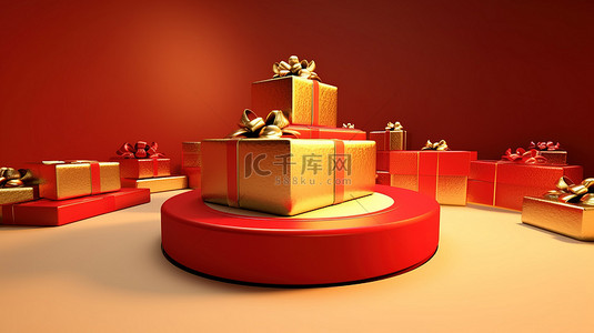 可爱的封面背景图片_3D 渲染的节日卡通讲台，装饰着圣诞礼物