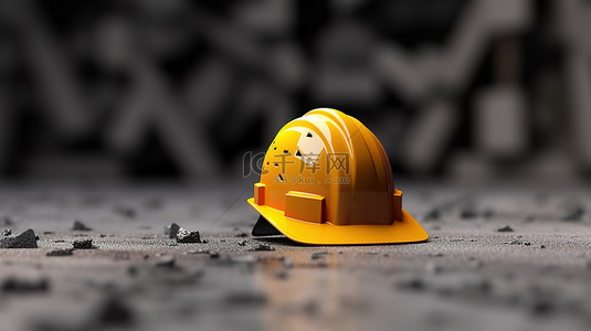 混凝土表面上黄色安全帽安全帽的 3D 渲染