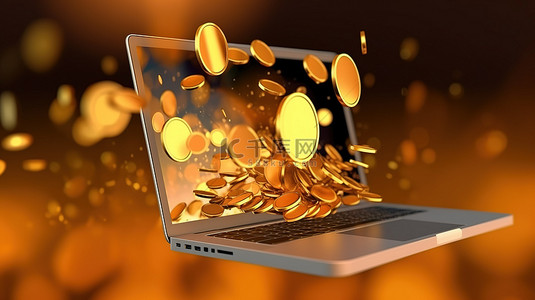 3D 渲染在线市场成功金币从笔记本电脑屏幕中迸发出来
