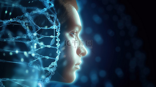 3D 渲染医学背景中的男性人物 DNA 链和大脑