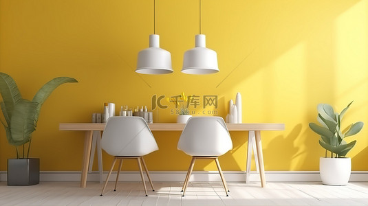 黄色吊灯背景图片_餐厅模型的 3D 渲染，配有白色和黄色的椅子和吊灯