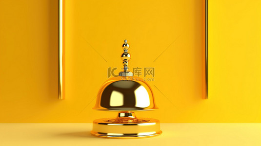 金色底座酒店服务铃，黄色背景 3d 渲染上悬挂抽象圆圈