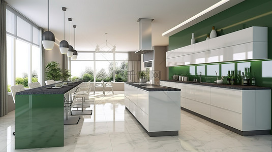 厨房背景图片_绿色和白色现代厨房的 3D 渲染