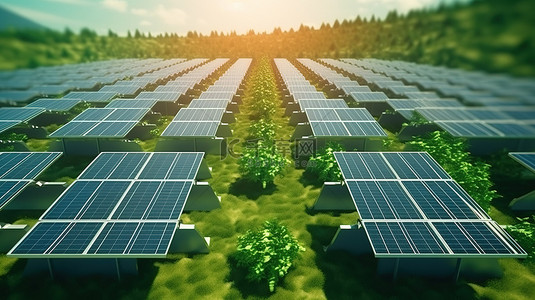 工业领域背景图片_可持续能源在行动 3D 渲染了绿色工业领域中太阳能电池板和电池的图示