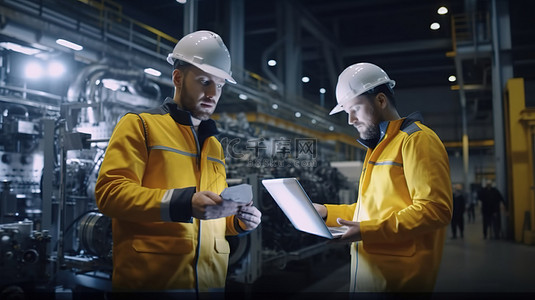 身穿安全帽的工程师站在工业车间里，用数控机床和平板电脑讨论 3D 在线蓝图