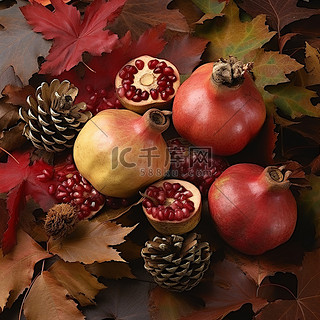 秋天背景图片_秋天的石榴和松果