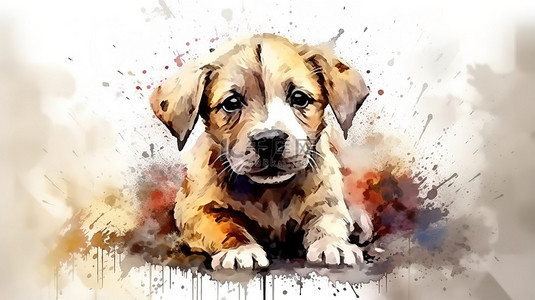 手绘小狗狗背景图片_水彩风格 3d 渲染的顽皮小狗的数字绘画