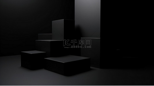 极简主义 3D 产品展示深色背景，带有几何讲台和抽象方块