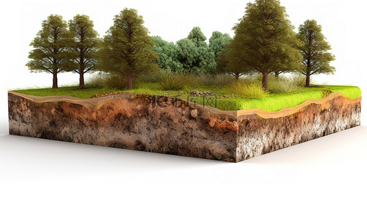 孤立的背景图片_孤立的绿色草地，有树木和 3D 土壤切片插图