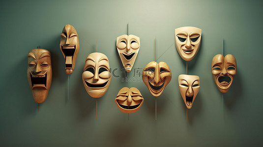 小丑鼻子鼻子背景图片_带有面具的面部表情和情绪的 3D 插图