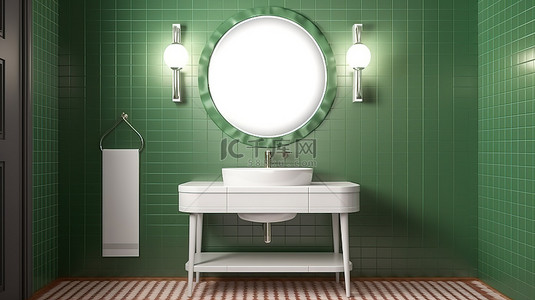 经典风格的酒店浴室 3d 渲染绿色瓷砖墙大镜子和角落的白色洗脸盆