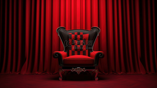 3D 制作的黑色和红色窗帘背景下的富丽堂皇的红色椅子