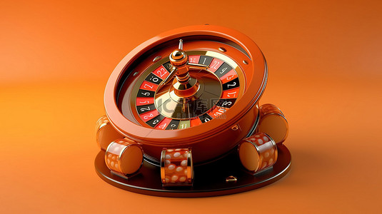 在充满活力的橙色背景下在线赌场设置中逼真的轮盘赌轮和老虎机的 3D 渲染