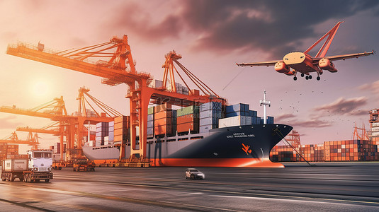 运输和物流中集装箱货船和货机的鸟瞰图 3d 渲染和说明