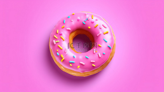 带有粉红色糖霜背景的甜甜圈横幅的顶视图 3D 渲染
