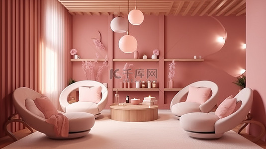 粉红色背景图片_3D 渲染温暖而诱人的水疗中心内部，粉红色色调，带有微妙的灯光