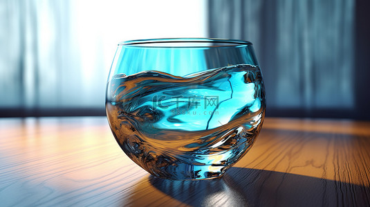 带有圆形边缘的装水玻璃杯的 3D 渲染