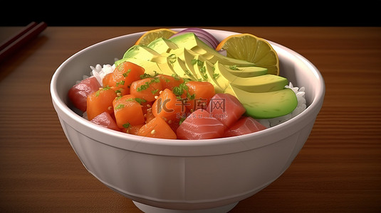 夏威夷 poke 碗的美味 3d 渲染，包括新鲜的鲑鱼饭鳄梨鸡蛋洋葱和豆类