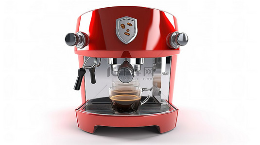 白色背景上带有红色金属保修盾的浓缩咖啡机的 3D 渲染